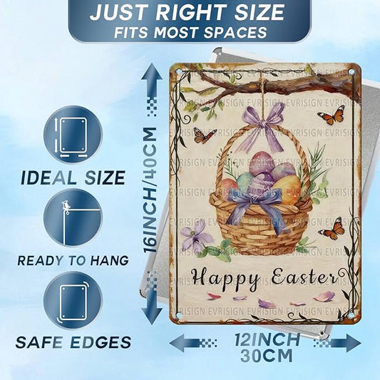 Happy Easter Metal Sign Retro Fun Design Family Party Decor Tin Wall Panel For Home Living Room Kitchen Easter Celebration 12x16Inch