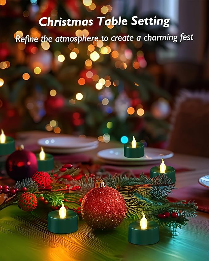 merrynights Green LED Candles, 24 Pack Tea Lights Candles Battery Operated, Flameless Tealight Candle, Realistic Tea Lights for Halloween Christmas Party Decor Mardi Gras