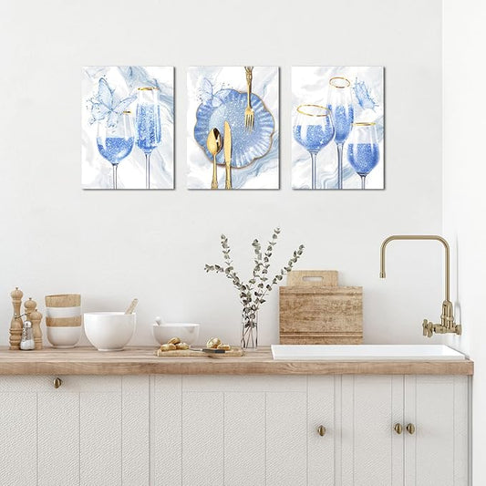 sechars 3 Pieces Set Kitchen Wall Decor Pink Wine Glass Wall Art Gold Utensils Canvas Prints Modern Dining Room Pictures (Blue)