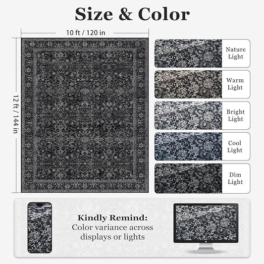 Dark Big Rug 10x12, Vintage Carpet Large Size 10x12 for Living Room Bedroom, Washable Non Slip Low Pile Thin Room Rug for Dining Room Family Room, Farmhouse Earth Tone Midnight