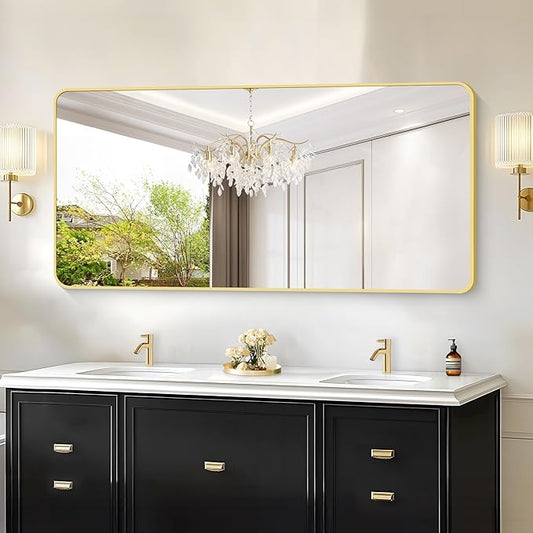 30"x60" Gold Bathroom Mirror, Large Rectangle Wall Mounted Mirror with Rounded Corner, Aluminum Metal Frame Vanity Mirror for Bathroom Bedroom Living Room