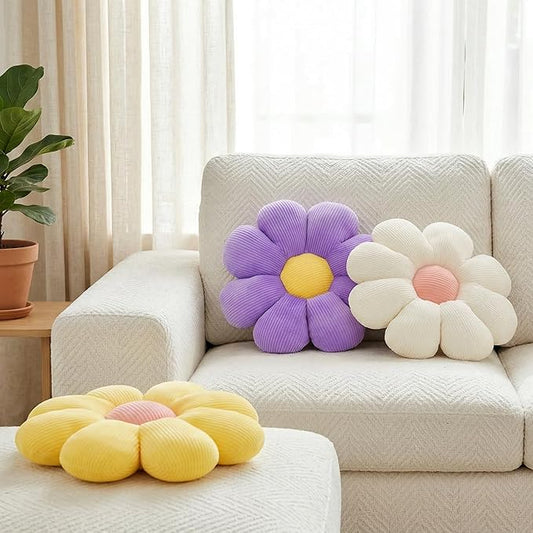 2 Pcs Flower Pillow Decorative Throw Pillows for Girls Preppy Room Decor, Cute Aesthetic Flower Daisy Shaped Throw Pillows for Bedroom Bed Couch Chair Floor Classroom (White+Yellow, 15.35 Inch)