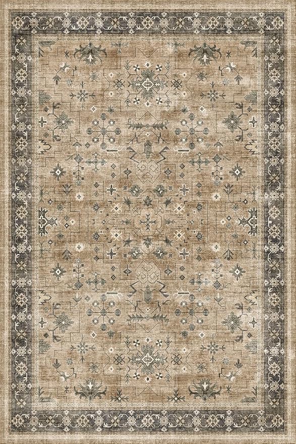 Vintage Taupe Sage 6x9 Rug for Living Room - Washable Dining Room Rugs for Under Table, Low Pile Non-Slip Carpet for Bedroom - Natural Earthy & Boho Eclectic Home Decor