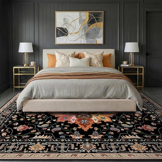 RELEANY Area Rugs 8'x10' Washable Non-Slip, Floral Vintage Distress Print Pattern Medallion Carpet for Living Room Bedroom Dining Room, Black Colorful Floral Dark Tan