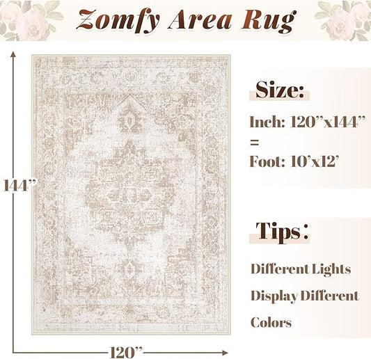 Area Rug 10x12 Vintage Rug: Large Washable Indoor Medallion Rugs Low Pile Distressed Floor Carpet Retro Accent Rug for Living Room Bedroom Dining Room Home Office(Beige, 10'x12')