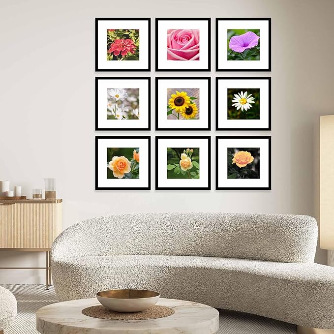 JCJMY 12 Pack 12x12 Picture Frame with 8x8 Mat, Display 8x8 with Mat or 12x12 Without Mat, 12 by 12 Frames Bulk Set of 12 Collage Gallery Wall Decor Photo Frames Set for Wall, Black