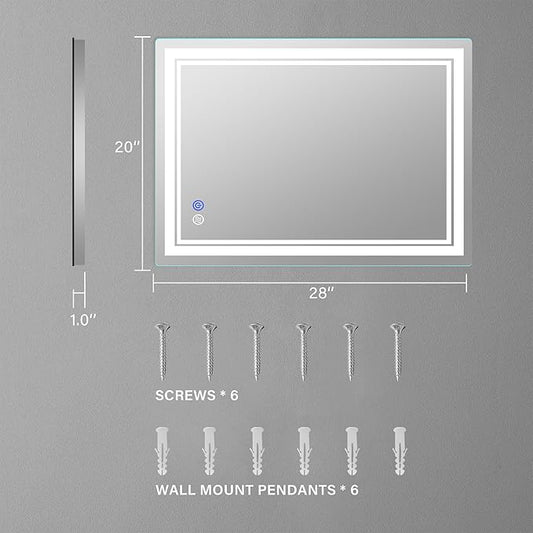 28"x 20" LED Bathroom Mirror Vanity Mirror, Anti-Fog, Dimmable, Color Temperature Adjustable 3000-6000K, Switch-held Memory Led Wall Mirror Suitable for Bathroom, Vanity (Vertical/Horizontal)