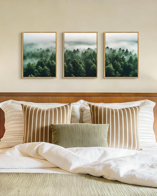 PHOPAGO Green Fog Pine Tree Framed Wall Art Nature Misty Nordic Forests Artwork Morden Paints Bedroom Living Room Home Decor - 11x14in Natural Framed