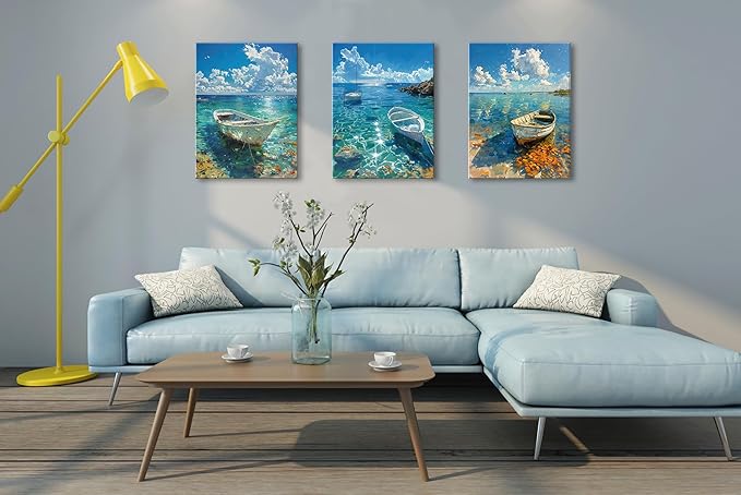 weiyiart Beach Decor Canvas Wall Art Blue Ocean Boat on the Sea Print Painting Coastal Seascape Pictures Artwork for Living Room Bedroom Bathroom Home Decoration Ready to Hang 12"x16"x3pcs