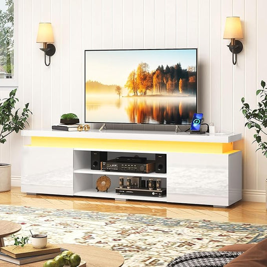 LED TV Stand for 75 Inch TV, Modern TV Stand with Power Outlet, High Gloss TV Console Entertainment Center with Storage and LED Lights for Living Room, Bedroom (66 Inch, White)