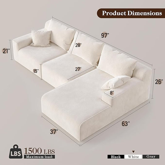 Homkdom L-Shaped Cloud Boneless Couch with Deep Seat, Modular Sectional Sofa with Oversized Chaise, 6 Layouts Combination for Living Room, Apartment, No Assembly (White Check, Right Facing Chaise)