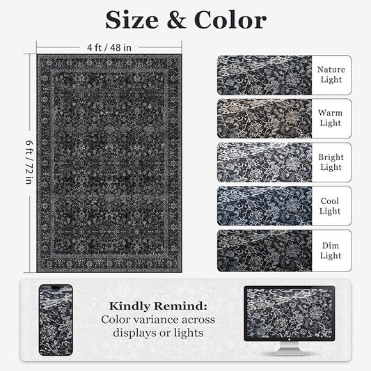 Dark 4x6 Washable Rug, Small Area Rugs Non Slip for Entryway Kitchen Bathroom, Vintage Farmhouse Low Pile Thin Throw Carpet Rug for Foyer/Nursery/Home Office/Living Room, Midnight