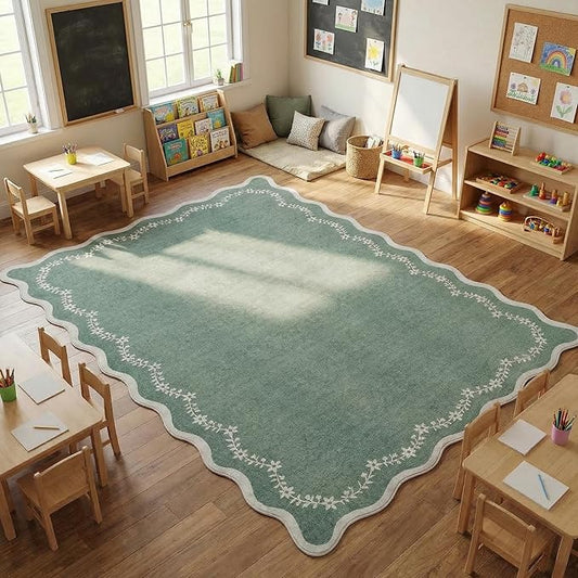 GarveeHome 4x6 Green Scalloped Washable Area Rug for Nursery Room, Solid Floral Soft Bedroom Rug Non Slip Low Pile Small Carpet Stain Resistant Throw Rug for Dorm Kids Room Office Dining Room
