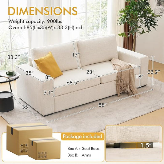 ELUCHANG 85" Modern Sofa Couches for Living Room, 3 Seater Sofa, Natural Linen Deep Seat Sofa with Upholstered Cushion&Detachable Cover, Comfy Sofa Couch for Small Space, Apartment (Beige,2PCS)