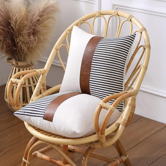 Mecatny Set of 2 Faux Leather Throw Pillows 18x18 with Inserts, Boho Striped Farmhouse Outdoor Pillows, Decorative Accent Cushions for Couch, Patio & Living Room, Navy