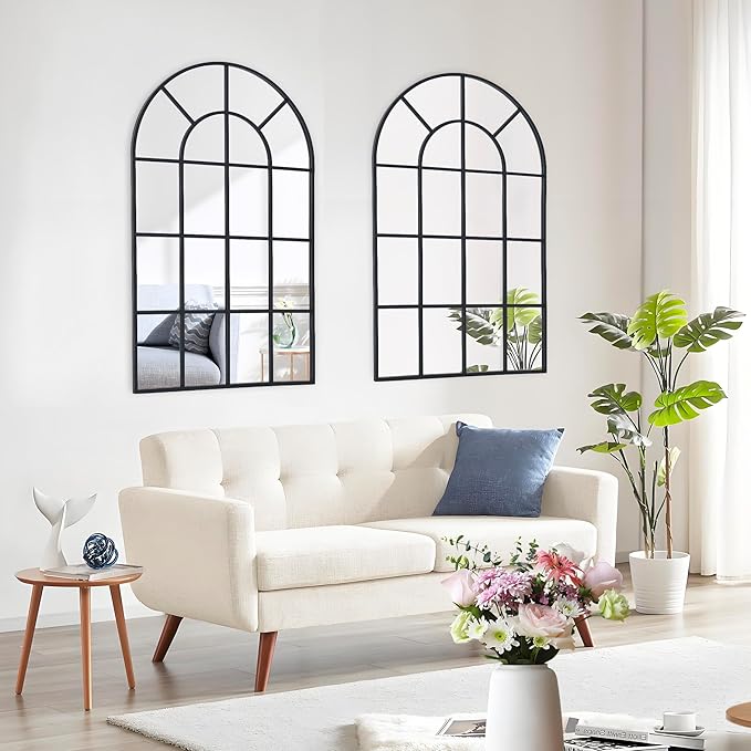 Arched Mirror, 30"x48" Arch Window Mirror, Black Frame Window Pane Mirror Wall Decor, Large Wall Mounted Mirror Decorative for Living Room Bedroom Entryway Hanging or Leaning Against Wall