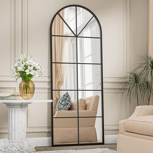 Prywot Full Length Mirror, 65"x22" Arched Window Pane Mirrors for Wall Decor, Black Full Body or Wall Mounted Mirrors, Farmhouse Standing Mirror Hanging or Leaning for Living Room, Entryway, No Stand