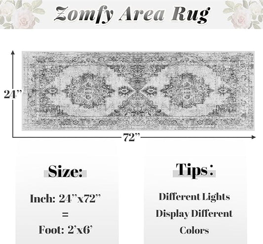 Area Rug 2x6 Runner Rugs: Washable Vintage Hallway Rug Indoor Medallion Rugs Low Pile Distressed Floor Carpet Retro Accent Rug for Kitchen Bedroom Bathroom Dining Room(Black, 2'x6')