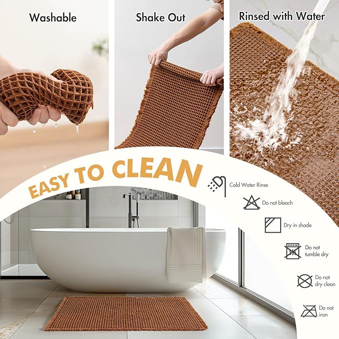 MIULEE Set of 2 Waffle Bathroom Runner Rugs, Terracotta Boho Bath Rug Non Slip, Super Absorbent Runner Bath Mats, Rubber Backed Shower Mat for Hallway Bedroom Laundry Room, Caramel, 2'x4'(24x48 Inch)