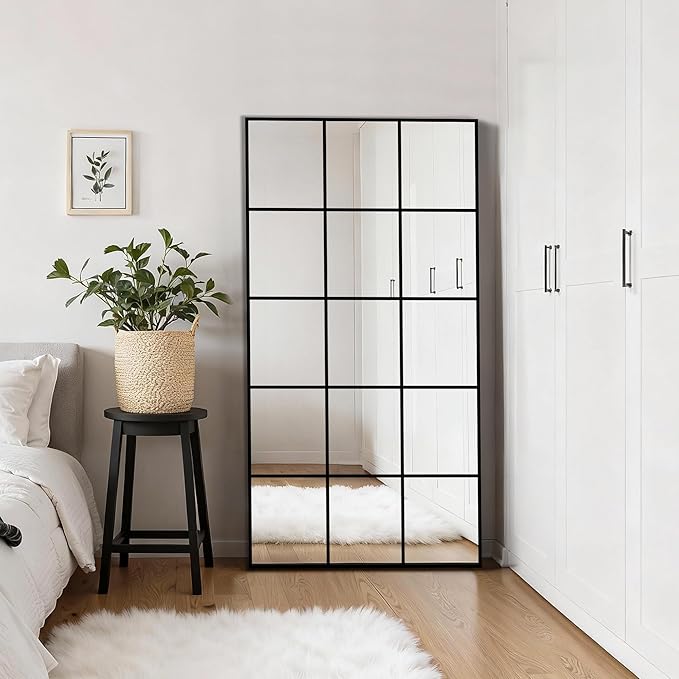Large Window Pane Full Length Mirror for Wall, 28"x55" Black Rectangular Wall Mirror for Living Room, Bedroom, Entryway, Hanging or Leaning