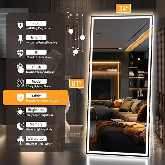 Hasipu Full Length Mirror with Lights, 81" x 34" LED Lighted Floor Standing, Full Body Dressing Hanging Mounted Mirror, Tempered Glass, Square White