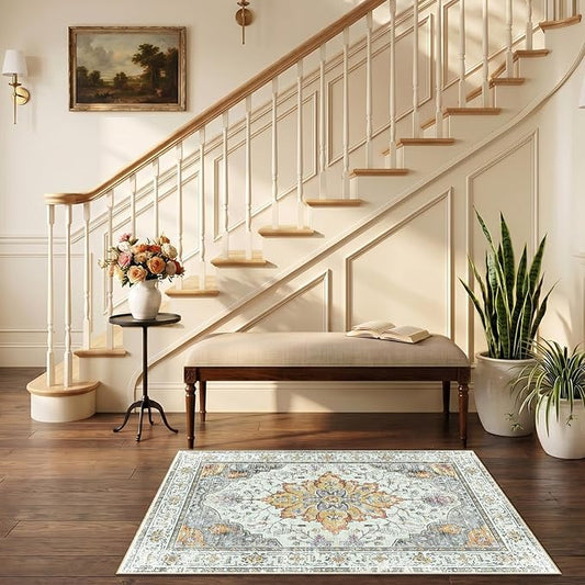 RELEANY Area Rugs 2'6"x4' Kitchen Rugs Entry Rug Small Rugs for Entryway Kitchen Bathroom Door Mat Indoor Entrance,Washable Non Slip, Light Yellow Carbon Grey Orange