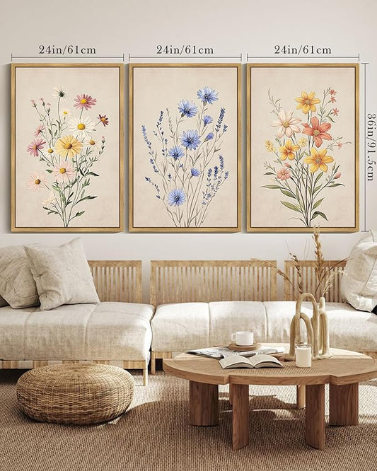 Drsoum Vintage Flower Bouquet Wall Art Framed Retro Bohemian Boho Colorful Floral Plant Rustic Artwork Nature Botanical Wildflower Prints Bedroom Living Room Ready to Hang 24x36in Natural Framed