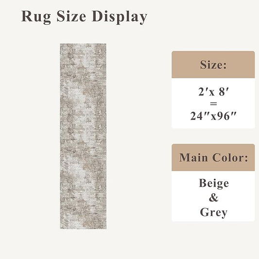2x8 Washable Non-Slip Hallway Runner Rug – Modern Abstract Soft Carpet for Kitchen, Bedroom with Rubber Backing – Low-Pile Thin Stain-Resistant Rug for Bathroom,Laundry Room,Entryway(Beige Grey)