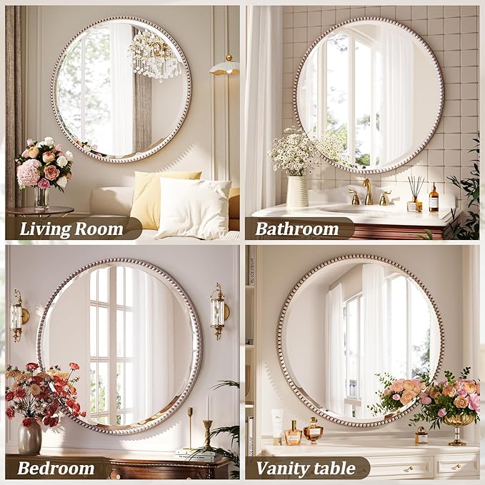 28 Inch Round Bathroom Mirror - Luxurious Retro Beaded Circle Decorative Wall Mirror with PU Frame Hanging Leaning as Art Decor for Entryway, Bedroom, Living Room, Hallway, Silver