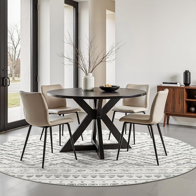Miukiki Round Rugs 6ft for Living Room Moroccan Washable Circle Rug Non Slip Indoor Floor Carpet Foldable Area Rug for Dining Room with Low Pile(Grey,6'x6')