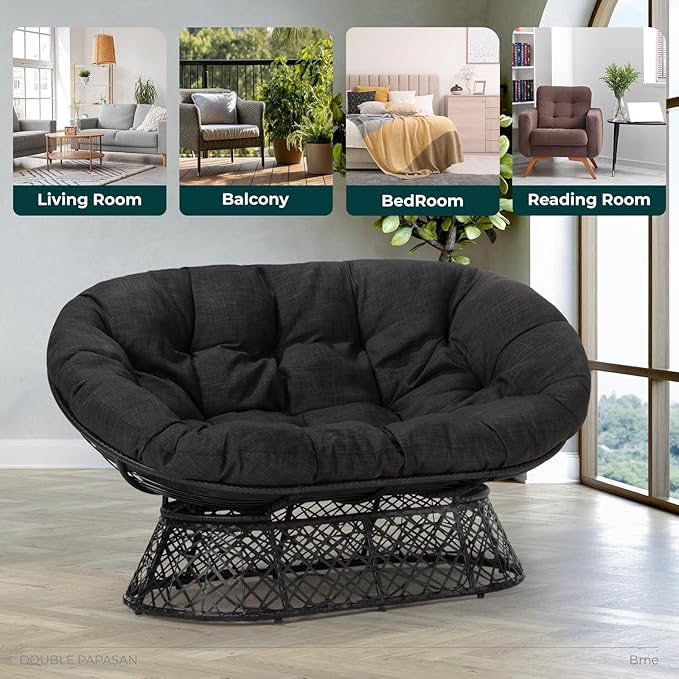 Bme Double Papasan Chair, 600lbs Capacity, Ergonomic Design, Soft Thick Fabric Cushion, Bee-Designed Base, Durable Steel Frame, 61", Onyx Stone - Black Base