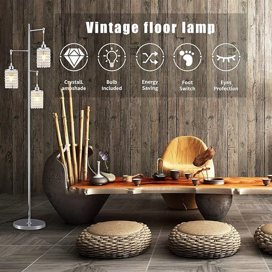 beaysyty Art Decor Crystal Floor Lamp 3-Light Contemporary Crystal Lampshade for Living Room,Bedroom,Office,Bulb Included,Chrome Finish