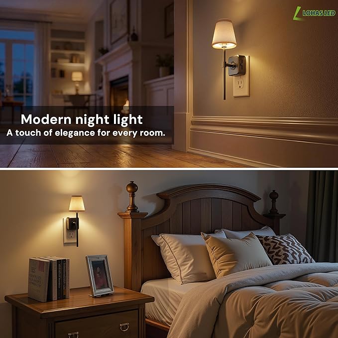 L LOHAS LED Night Light, Night Lights Plug Into Wall with 0-100 LM Dimmable, Premium Fabric Linen Shade Plug in Night Light, 3000K Warm LED Wall Night Light Bedroom, Living Room, Decor