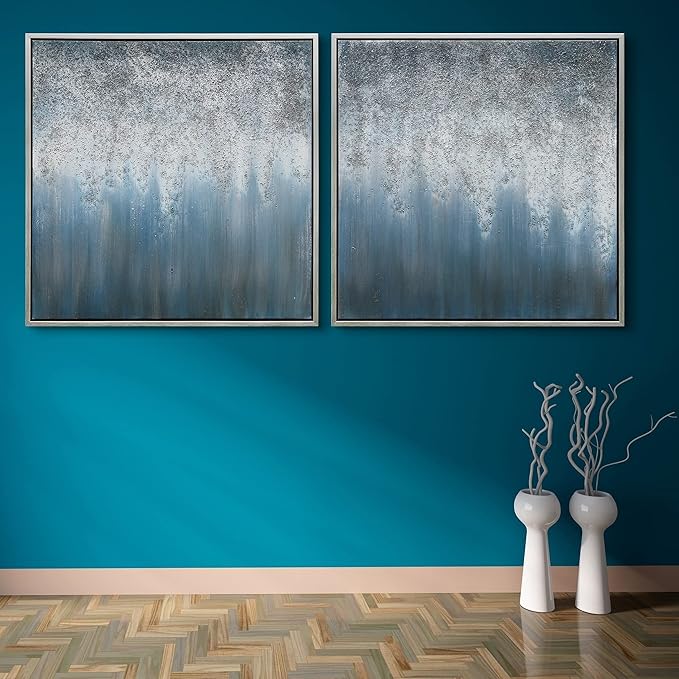 Empire Art Direct Abstract Wall Art Textured Hand Painted Canvas by Martin Edwards, Diptych, 36" x 36" each, Blue Rain