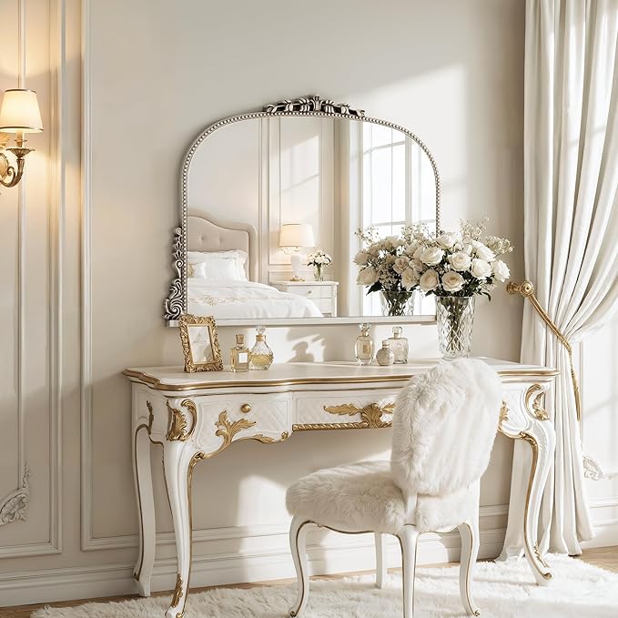 26x38 inch Vintage Arched Gold Ornate Baroque Mirror - Wall Vanity Mirror with Beautiful Retro Top and Bottom Engraving Process Frame for Bathroom, Living Room, Fireplace, Entryway, HD Tempered Glass