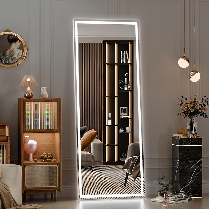 Hasipu Full Length Mirror with Lights, 56" x 18" LED Lighted Floor Standing, Full Body Dressing Hanging Mounted Mirror, Tempered Glass, Square White
