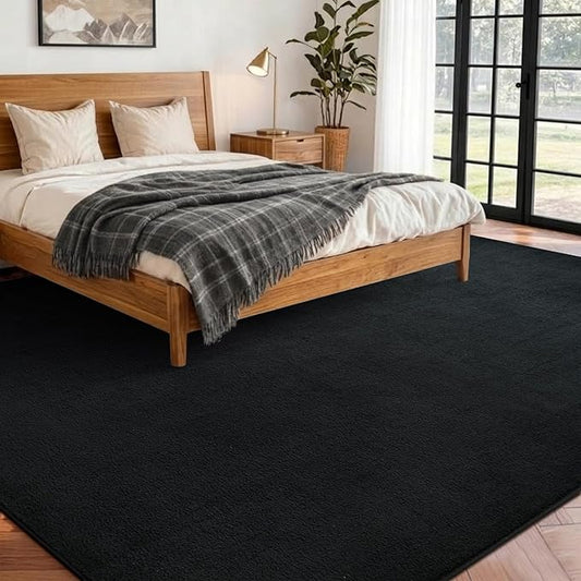 FinRèc 5x7 Washable Area Rugs for Bedroom Living Room, Low Pile Thin Rug Solid Color, Non-Slip Carpet Indoor for Home Decor (Pure Black)