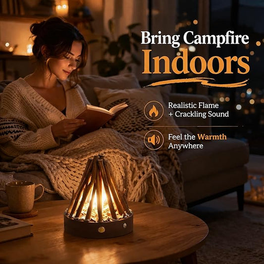 Rechargeable Campfire Night Light with Crackling Sound, Realistic Flame Lamp, 3 Modes, Timer, Portable Wireless Ambient Light for Bedroom Living Room (Natural Wood)
