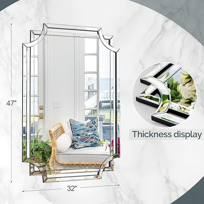 Chende 32" x 47" Large Wall Mirror for Living Room Decor, Modern Unique Decorative Mirror with Beveled Glass Scalloped Corner, Horizontal or Vertical Hanging for Entryway, Dining Room, Bathroom