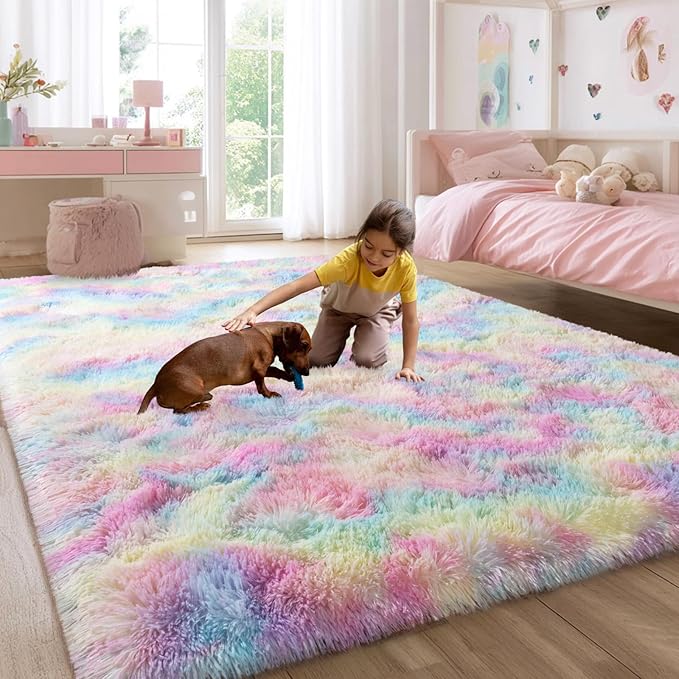 qulint 6x9 Colorful Rug for Bedroom, Large Fluffy Soft Living Room Area Rug, Fuzzy Plush Princess Rug for Girl Kids, Shaggy Modern Carpet for Dorm Nursery Classroom Home Decor (6ft x 9ft, Rainbow)