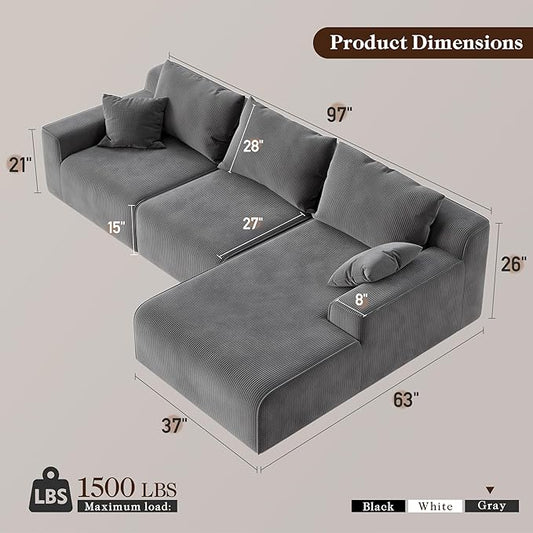 Homkdom L-Shaped Cloud Boneless Couch with Deep Seat, Modular Sectional Sofa with Oversized Chaise, 6 Layouts Combination for Living Room, Apartment, No Assembly (Grey Check, Right Facing Chaise)