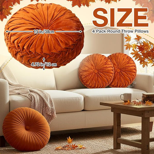 Beeveer 3 Pcs Round Throw Velvet Pillows Classy Accent Pumpkin Throw Pillows 15 Inch Decorative Cushion for Couch Chair Bed Car, 2 Styles(Orange)