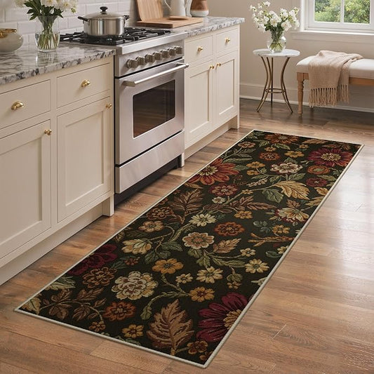 GENIMO 2X6 Washable Runner Rug for Hallway, Vintage Floral Print Non-Slip Low Pile Carpet, Stain Resistant Soft Chenille Rug for Entryway Kitchen Corridor, Floral Brown