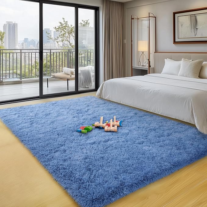 qulint Blue Rugs for Bedroom 3x5, Fluffy Shag 3x5 Area Rug for Boys Room Fuzzy Small Kids Rug, Plush Shaggy Alfombras for Girls Dorm Playroom Nursery Aesthetic Home Decor (3ft x 5ft, Blue)