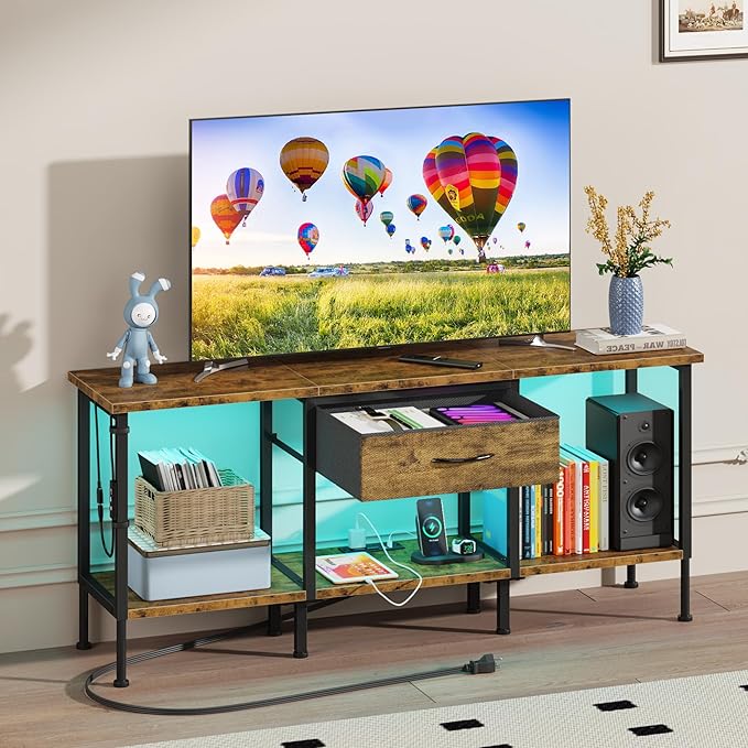 GYIIYUO LED TV Stand for 65 60 55 Inch TV, Entertainment Center with Power Outlet and Fabric Drawers, Industrial TV Console Table for Living Room Bedroom, 55" Rustic Brown