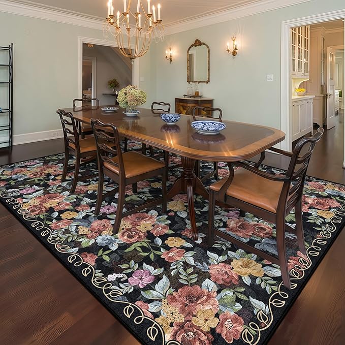 8x10 Machine Washable Area Rug for Living Room, Dark Blue Black Vintage Boho Floral Rug Large Non-Slip Low Pile Soft Faux Wool Carpet Kids and Pets Friendly for Bedroom Dining Room Farmhouse Decor Rug