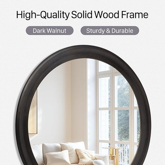 CULER Round Wall Mirrors 36 Inch,Wood Rustic Decorative Transitional Mirror with Walnut Frame for Wall,Farmhouse Mirror for Bathroom Bedroom Living Room or Entryway(Dark Brown)