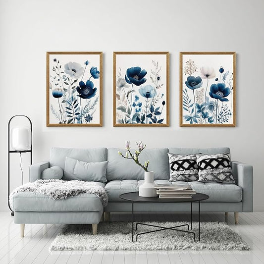 DUWQU 3 Pcs Blue Floral Canvas Wall Art, Wood Framed Navy Blue Wildflower Lily Daisy Wall Decor, Watercolor Botanical Flower Home Poster Art Prints for Living Room Bedroom Bathroom 16×24 Inches