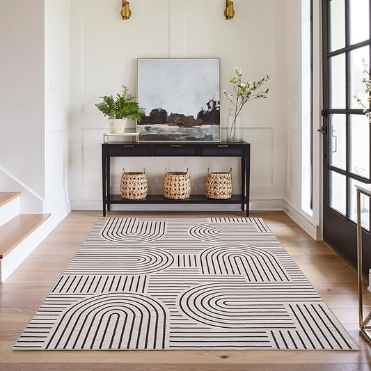 Washable Rug 3x5 Area Rugs for Living Room, Abstract Rug for Bedroom, Soft Rainbow Non Slip Throw Rugs with Rubber Back, Low Pile Stain Resistant Boho Geometric Carpet for Dining Room, LightCamel
