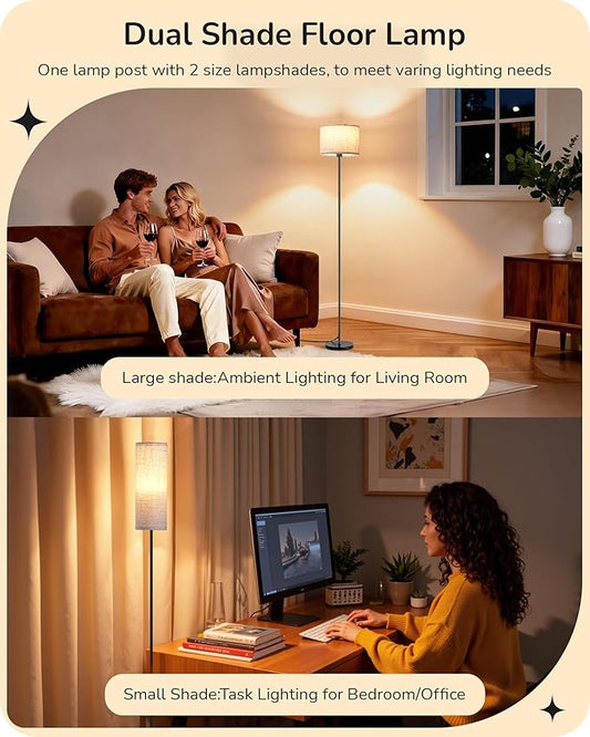 EDISHINE Upgraded Floor Lamps with 2 Lampshades, 63.7" Modern Standing Lamp with Foot Switch and Remote Control, Stepless Dimmable Minimalist Lamps for Bedroom, Office, (9W LED Bulb Included), Black